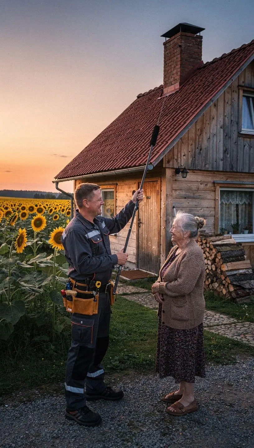 Skursteņa tīrīšana, profesionāls darbinieks strādā pie skursteņa.