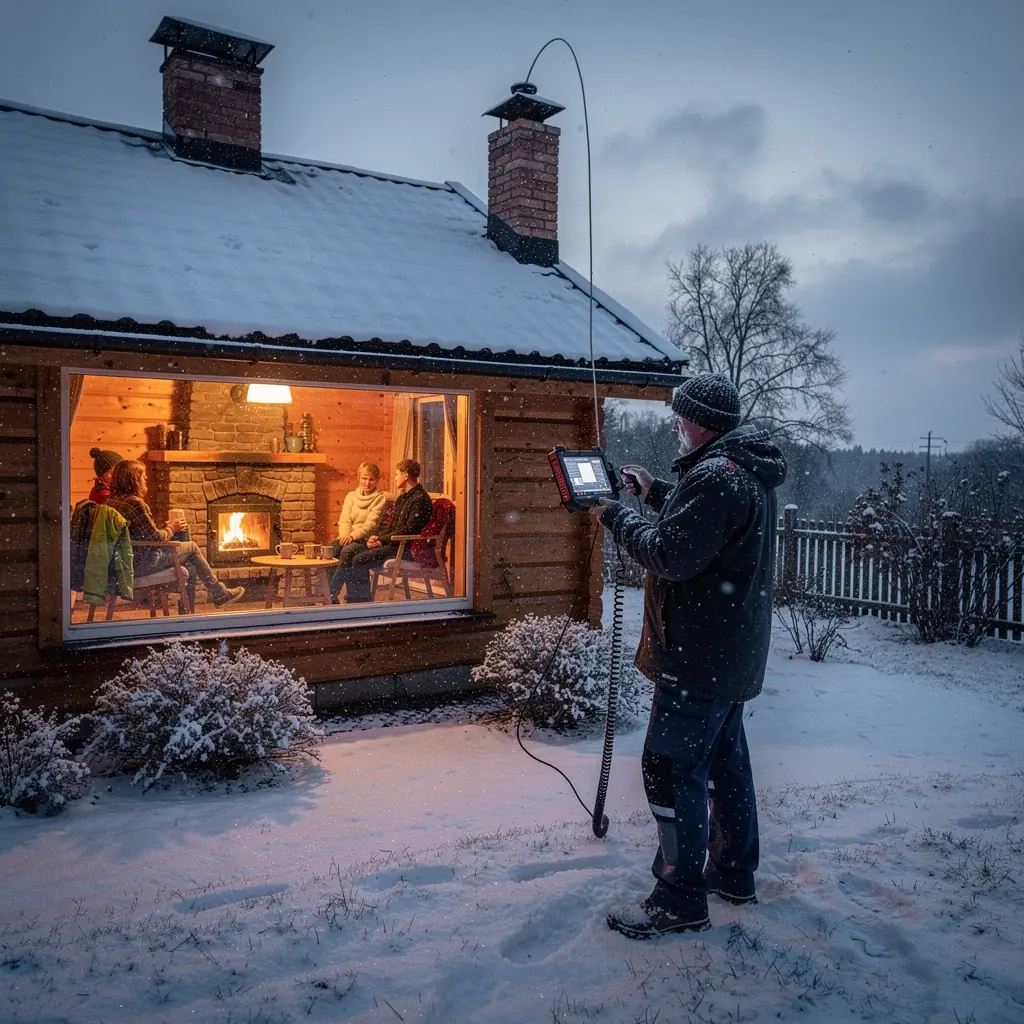 Sūnu noņemšanas pārbaude, skursteņa iekšpuses inspekcija ar speciālu aprīkojumu.
